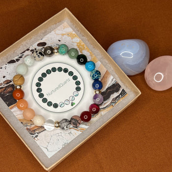 Rainbow healing bead gemstone stretch bracelet in jewelry box with crystal decor