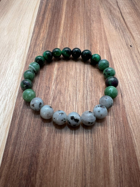 Green Tiger's Eye w/ Ruby Zoisite & Sesame Jasper Bracelet - NurturedQuartz