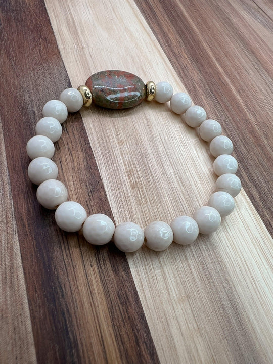 Self-Love - Unakite Oval Stone with Faceted Fossil Jasper Healing Beads - NurturedQuartz