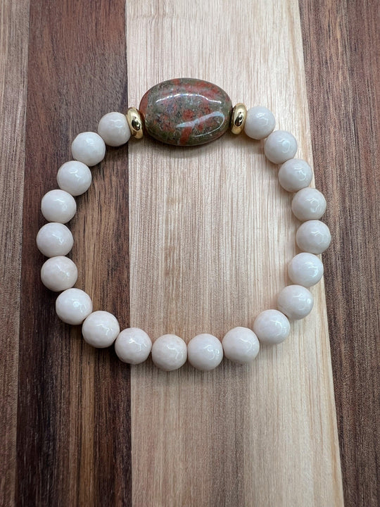 Self-Love - Unakite Oval Stone with Faceted Fossil Jasper Healing Beads - NurturedQuartz