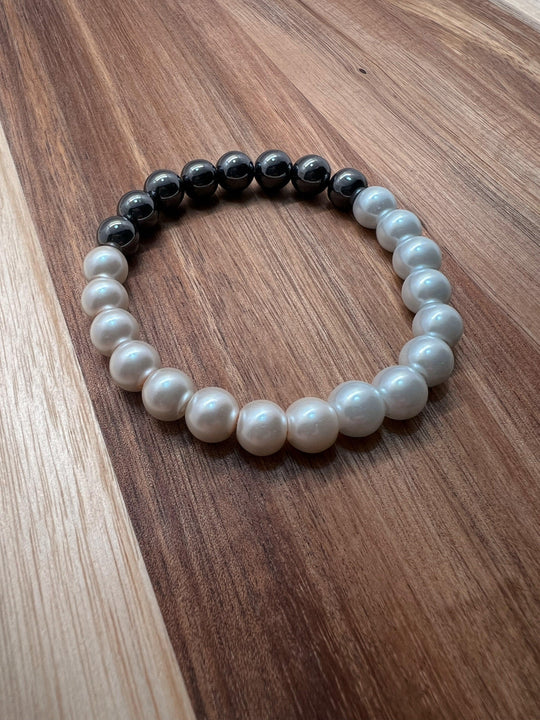 Gift for Her - Hematite Bracelet w/ Glass Pearls - NurturedQuartz