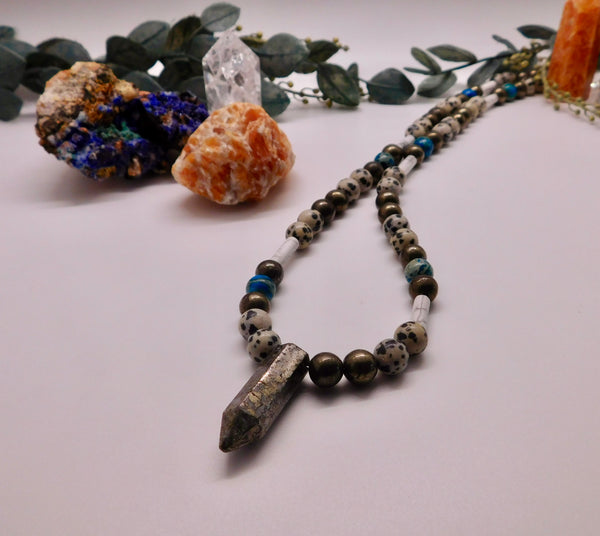 Spotted Dalmatian Jasper mala necklace with 8mm Pryite and Sea Sediment bead