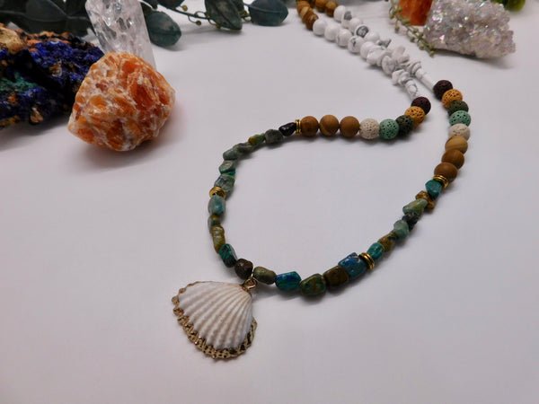 22 inch gemstone beaded necklace with 24k gold detailed shell charm
