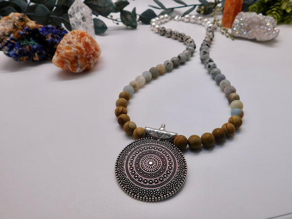 Large bohemian silver pendant necklace with 8mm gemstone beads in Jasper and Amazonite.