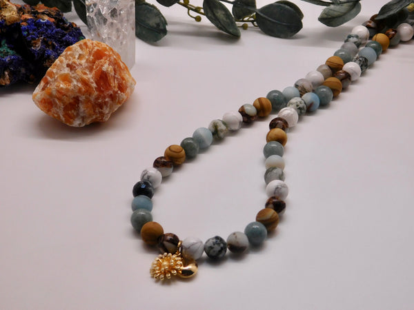 20 inch gemstone beaded necklace with gold filled flower charm and fortune cookie charm for good luck/fortune