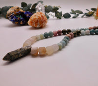 Beaded gemstone necklace in hues of brown-metallic, pink and green 
