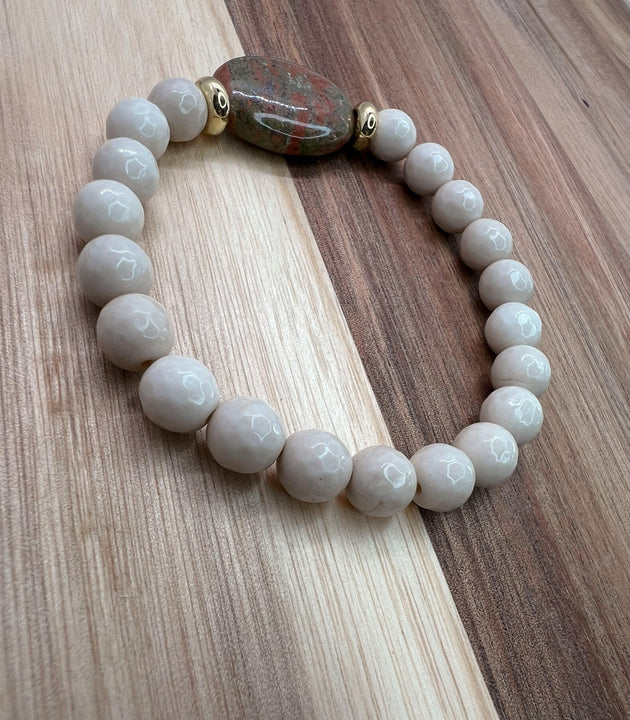 Self-Love - Unakite Oval Stone with Faceted Fossil Jasper Healing Beads - NurturedQuartz